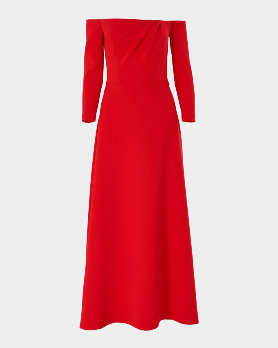 Gathered Off-The-Shoulder 3/4-Sleeve Midi Dress